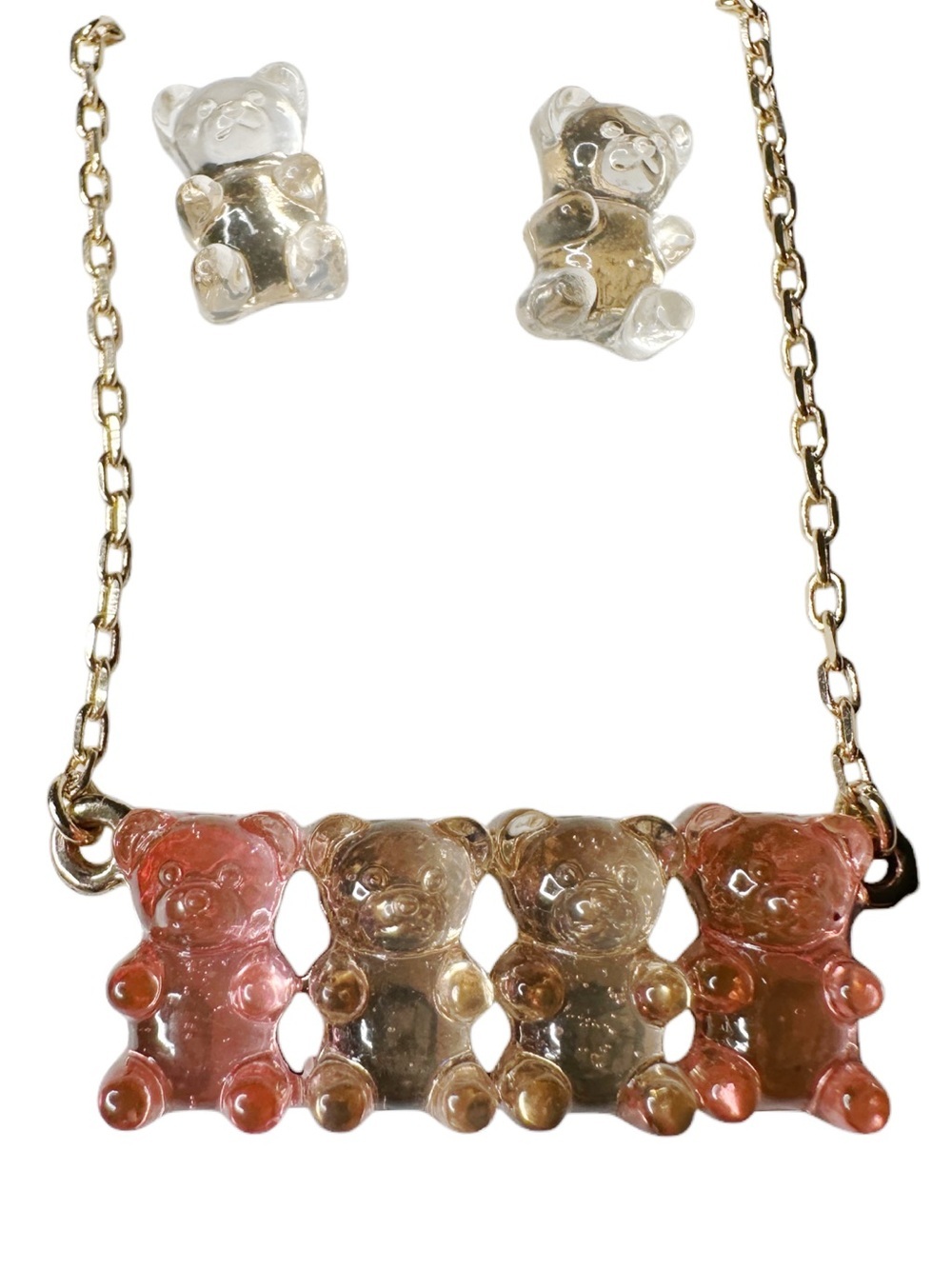 Betsey Johnson Pink and Gold Gummy Bear Necklace with Stud Earrings - Picture 2 of 4